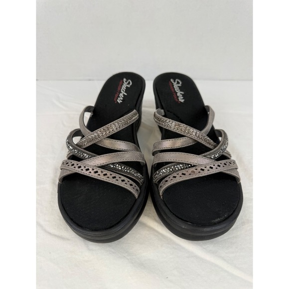 Skechers Womens Pewter Metallic Rhinestone Memory Foam Wedge Sandals Size 9 - Picture 3 of 11